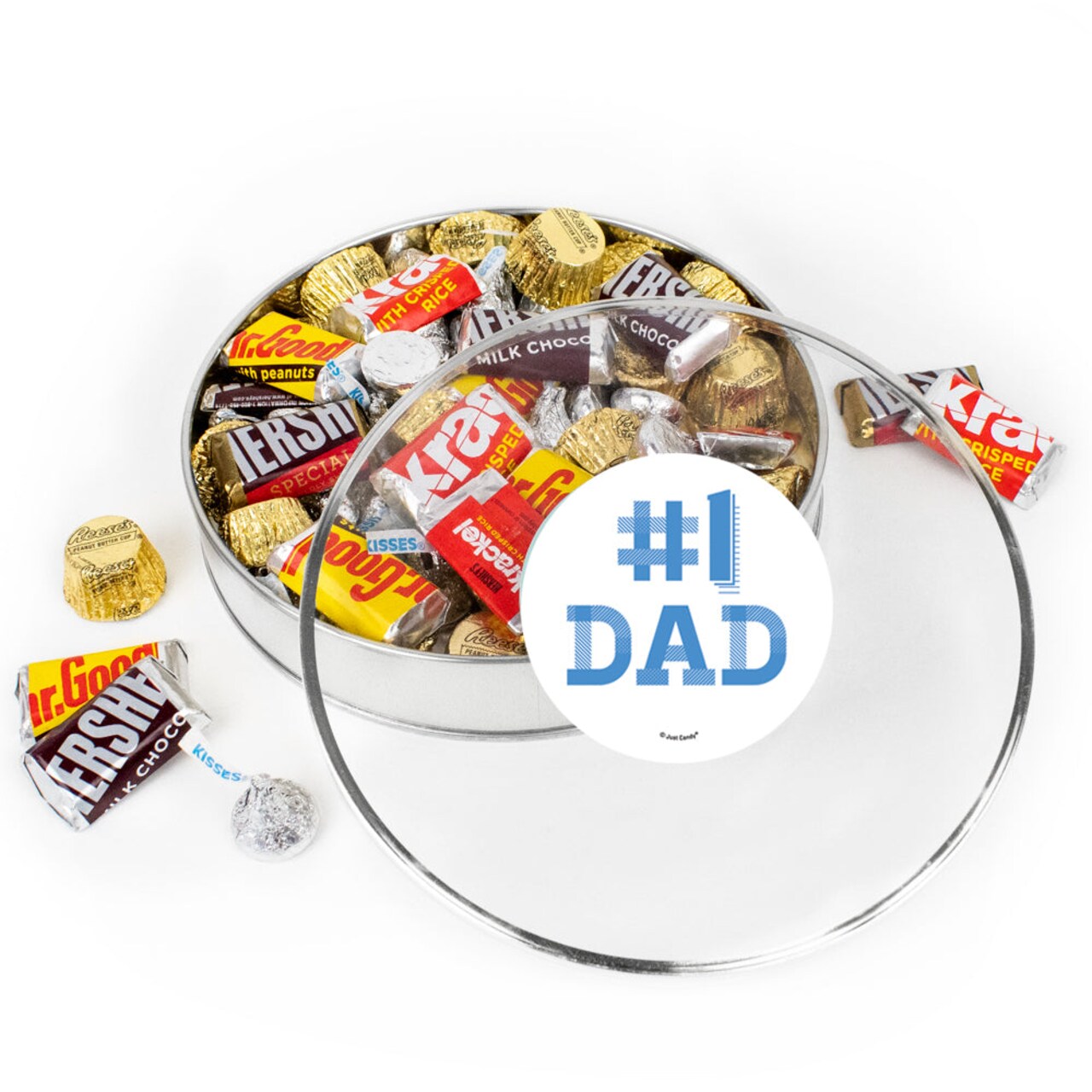 Father's Day Chocolate Gift Tin - Plastic Tin with Candy Hershey's Kisses, Hershey's Miniatures & Reese's Peanut Butter Cups By Just Candy - #1 Dad